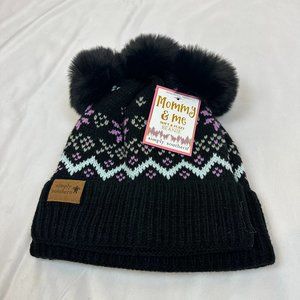 NWT - Simply Southern "Mommy & Me" Beanies with Fur Poms, Black with Pattern